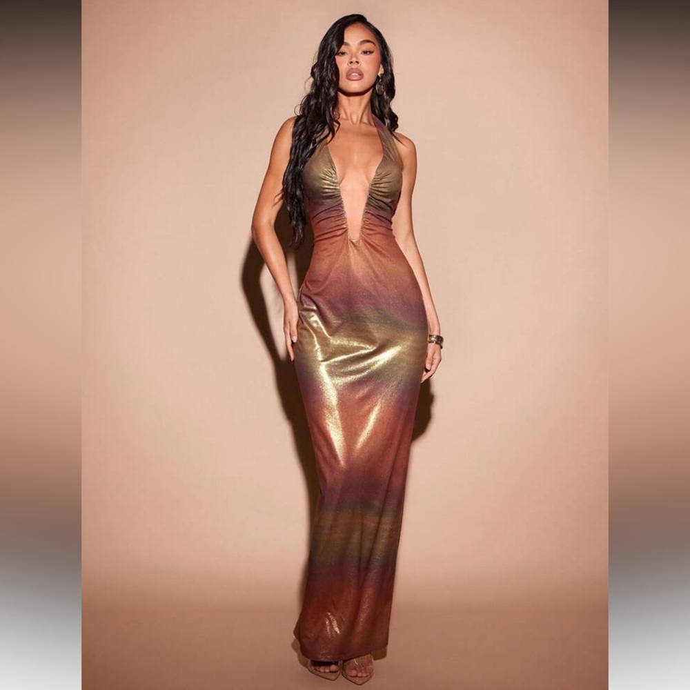 Elegant Metallic Plunging Neckline Maxi Dress